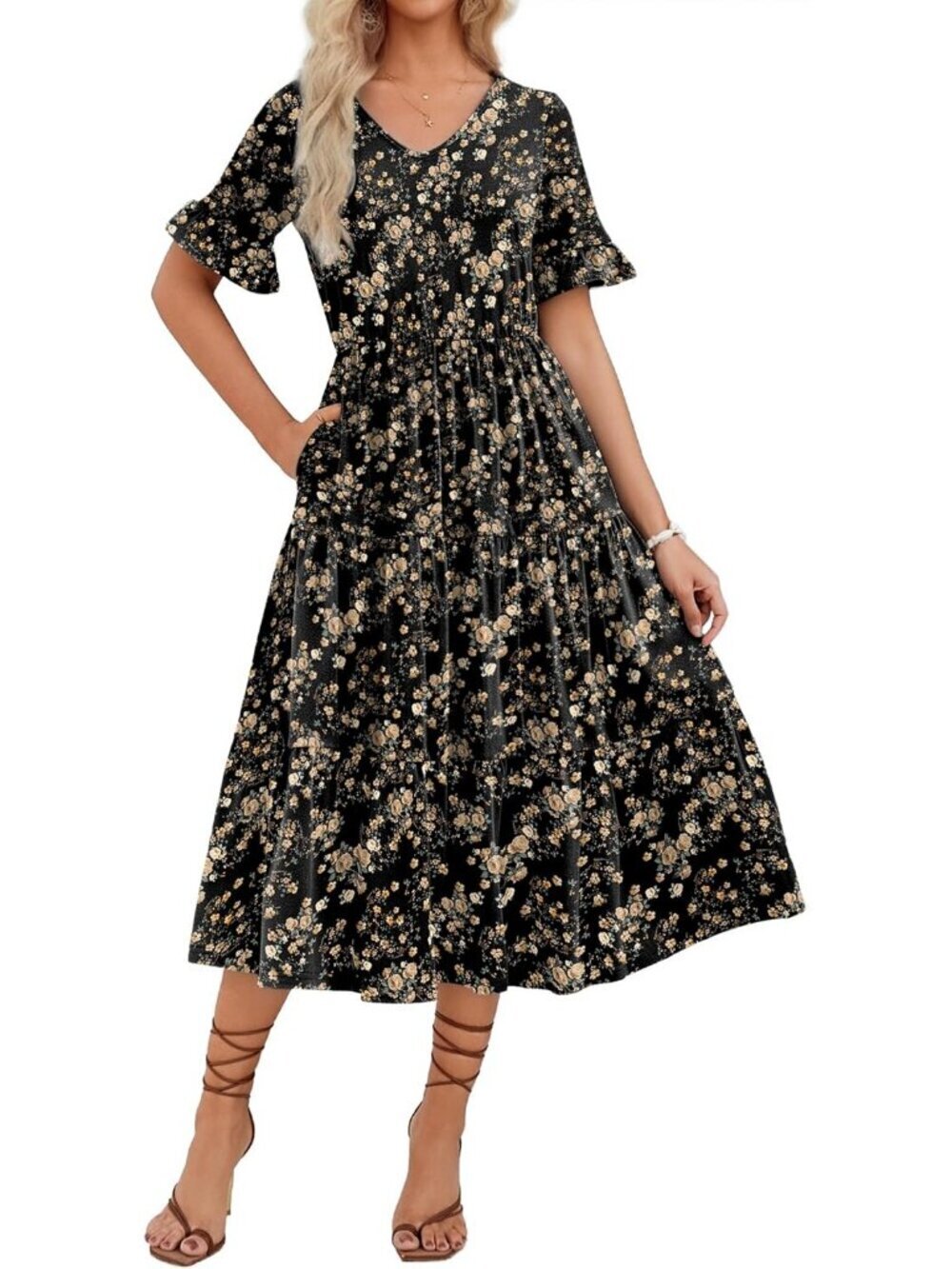 Zeagoo Women's Black Yellow Floral Tiered Casual Neck Ruffle Short  Maxi Dress